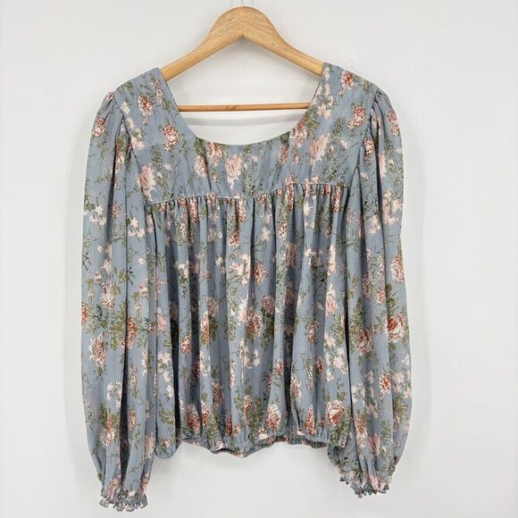 Altar'd State Blue Floral Long Balloon Sleeve Top, Sz Small, Boho Shabby Chic - Picture 8 of 11